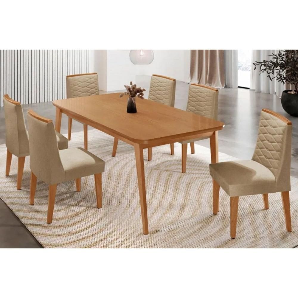 Conjunto: Mesa de Cozinha Havana Tampo Curvo 180cm+6 Cadeiras Maldivas Madeira Naturale - Capuccino/Linho Bege - Rufato