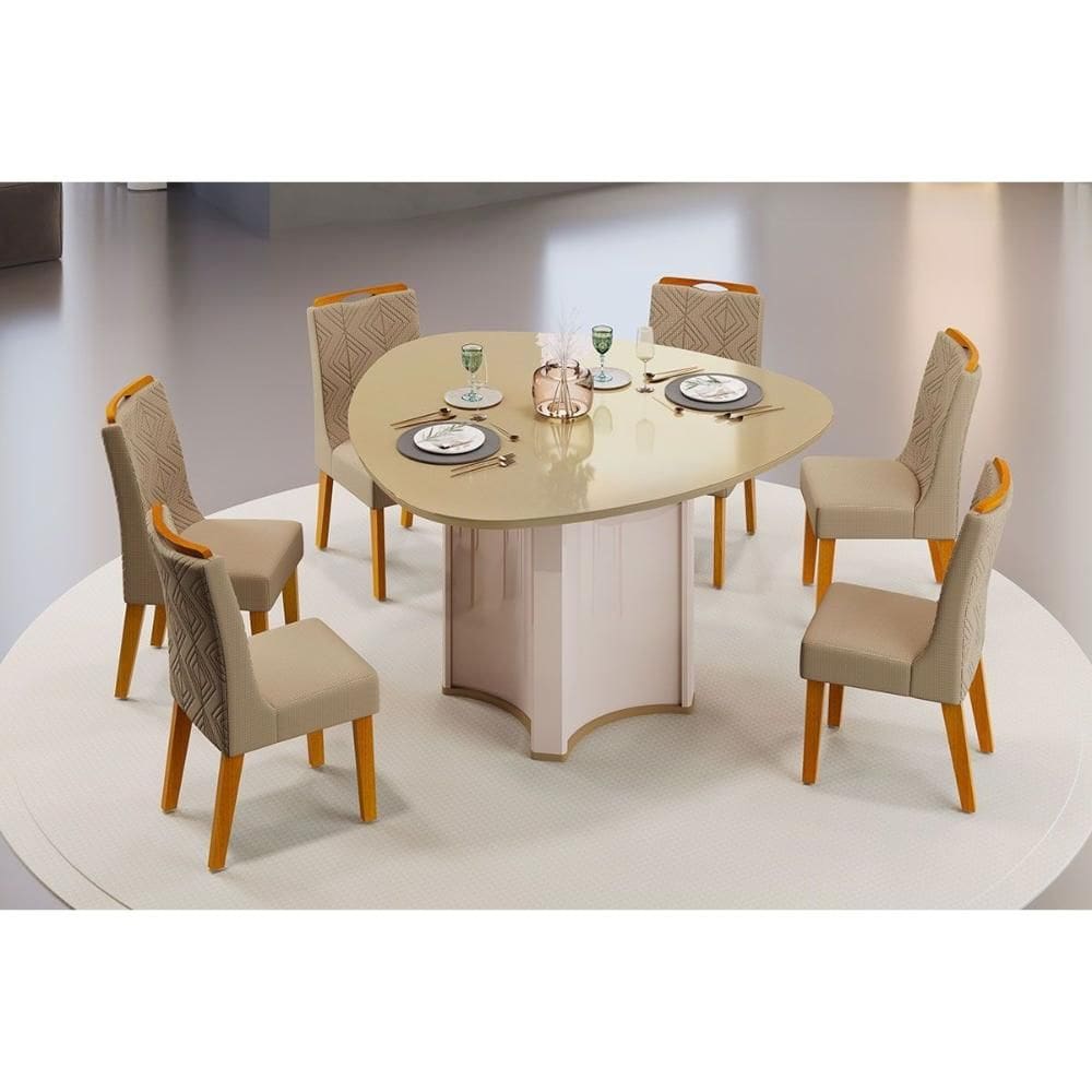 Conjunto: Mesa Sala Jantar Chanel c/ Tampo Madeirado c/ Vidro Orgânico 136x136cm e 6 Cadeiras Stela Off White/Dourado - Ipe/Linho Bege - DJ Móveis