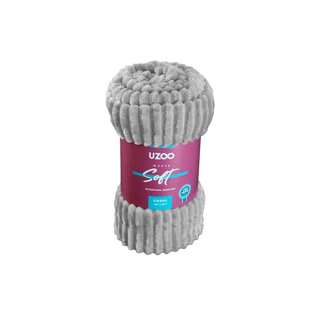 Manta Microfibra Soft Canelada Casal Cinza 180x220cm - Uzoo Manta Microfibra Flannel Soft Casal Canelada 180x220cm Cinza