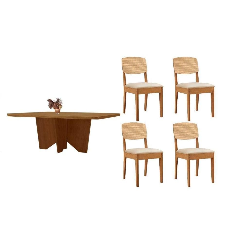 Conjunto: Mesa de Cozinha Nevada Tampo Curvo 120cm+4 Cadeiras Havana Naturale - Suede Creme - Rufato