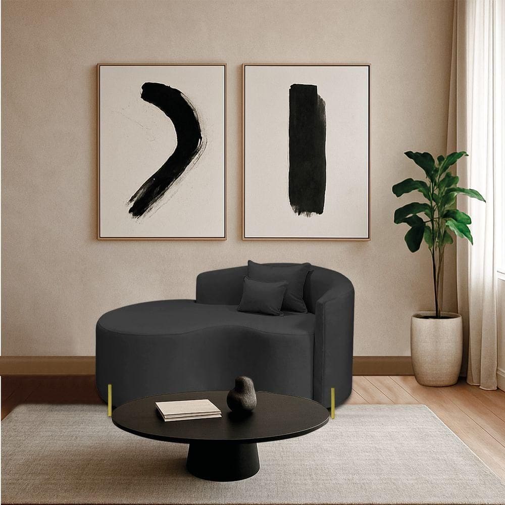 Divã Recamier Curvo Sala De Estar Recepção Inglaterra 180cm Pés Metal Dourado Lado Esquerdo Linho Preto