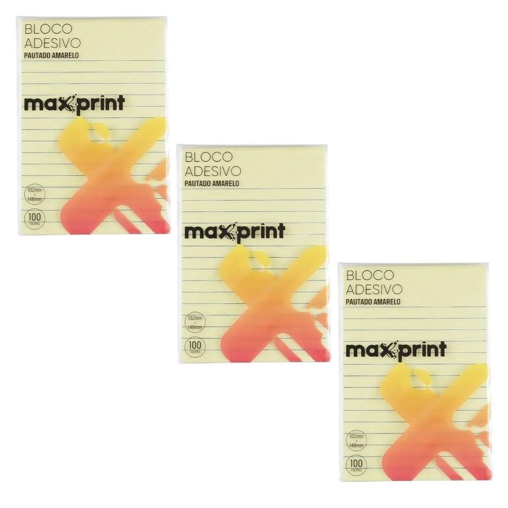 Kit 3 Blocos Recado Autoadesivo 148X102 Pautado Amarelo 100F