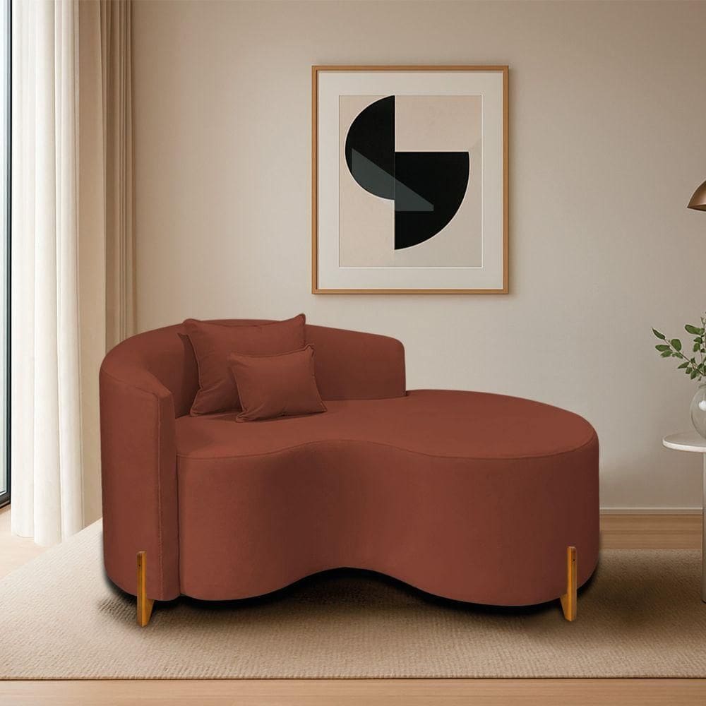 Divã Recamier Curvo Sala De Estar Recepção Inglaterra 150cm Pés Madeira Lado Direito Bouclé Terracota