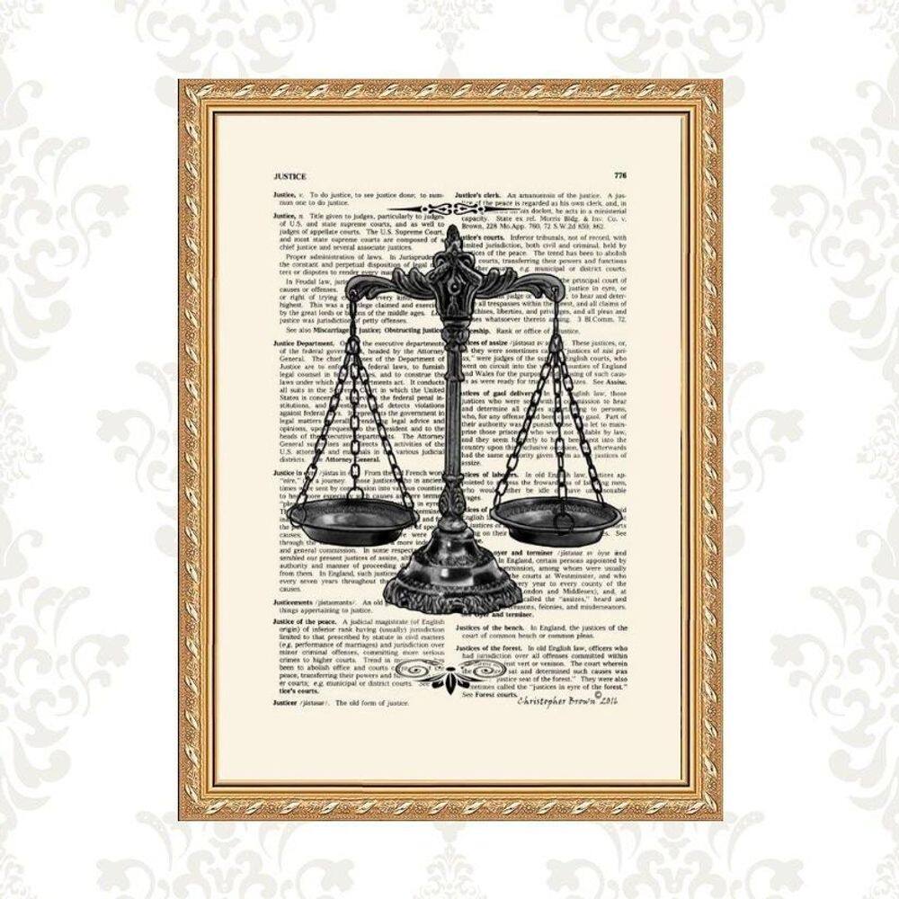 Quadro Moldura Dourada Balança Da Justiça 45X34Cm