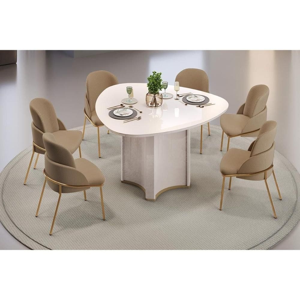 Conjunto: Mesa Sala Jantar Chanel c/ Tampo Madeirado c/ Vidro Orgânico 136x136cm e 6 Cadeiras Vitta Off White - Linho Bege - DJ Móveis