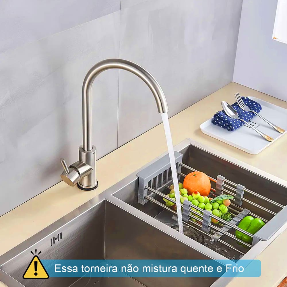 Torneira Cozinha Gourmet Escovado Pia Bancada Mesa Bica Alta Fria  FC-143