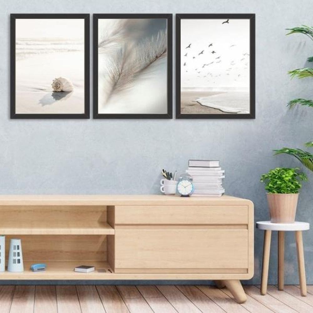 Kit 3 Quadros Suaves Natureza 33X24Cm - Madeira Preta