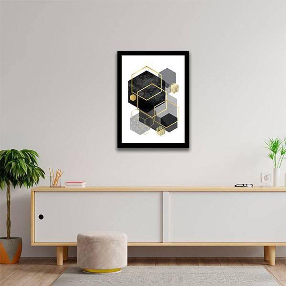 Quadro Geométrico Hexágonos Preto E Cinza 45X34Cm