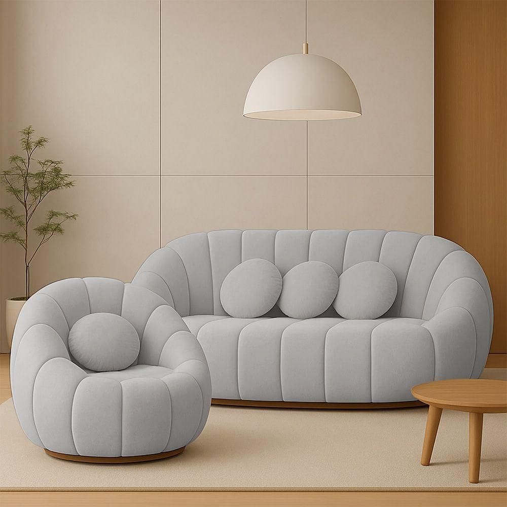 Sofá 2 Lugares Com Poltrona Giratória Orgânica Cloud Bouclê Cinza Claro E03 - D`rossi