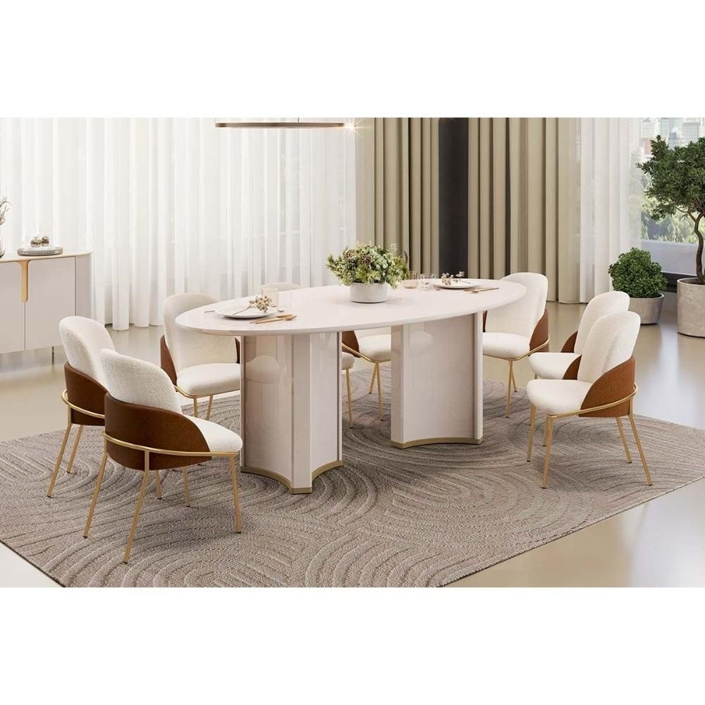 Conjunto: Mesa Sala Jantar Liz c/ Tampo Madeirado c/ Vidro Oval 218x108cm e 8 Cadeiras Vitta Off White - Boucle Perola/Terracota - DJ Móveis