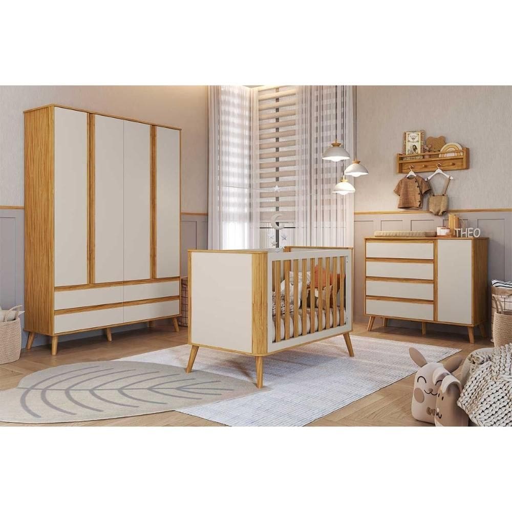 Quarto de Bebê Completo Theo 3 Peças (1GuardaRoupa+1Berço+1Cômoda) QI110 Off White/Amendoa - Peroba