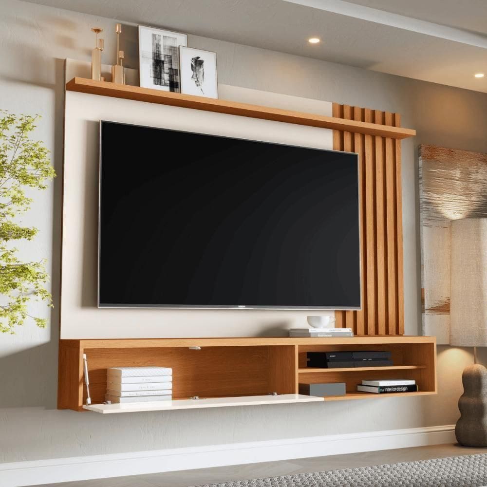 Painel Tv Ripado Rack Suspenso Sala Estar Off White Nature Off White Nature