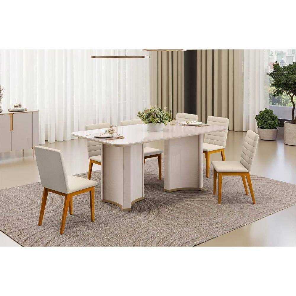 Conjunto: Mesa Sala Jantar Liz c/ Tampo Madeirado c/ Vidro Curvo 180x100cm e 6 Cadeiras Sofia Off White - Ipe/Linho Neve - DJ Móveis