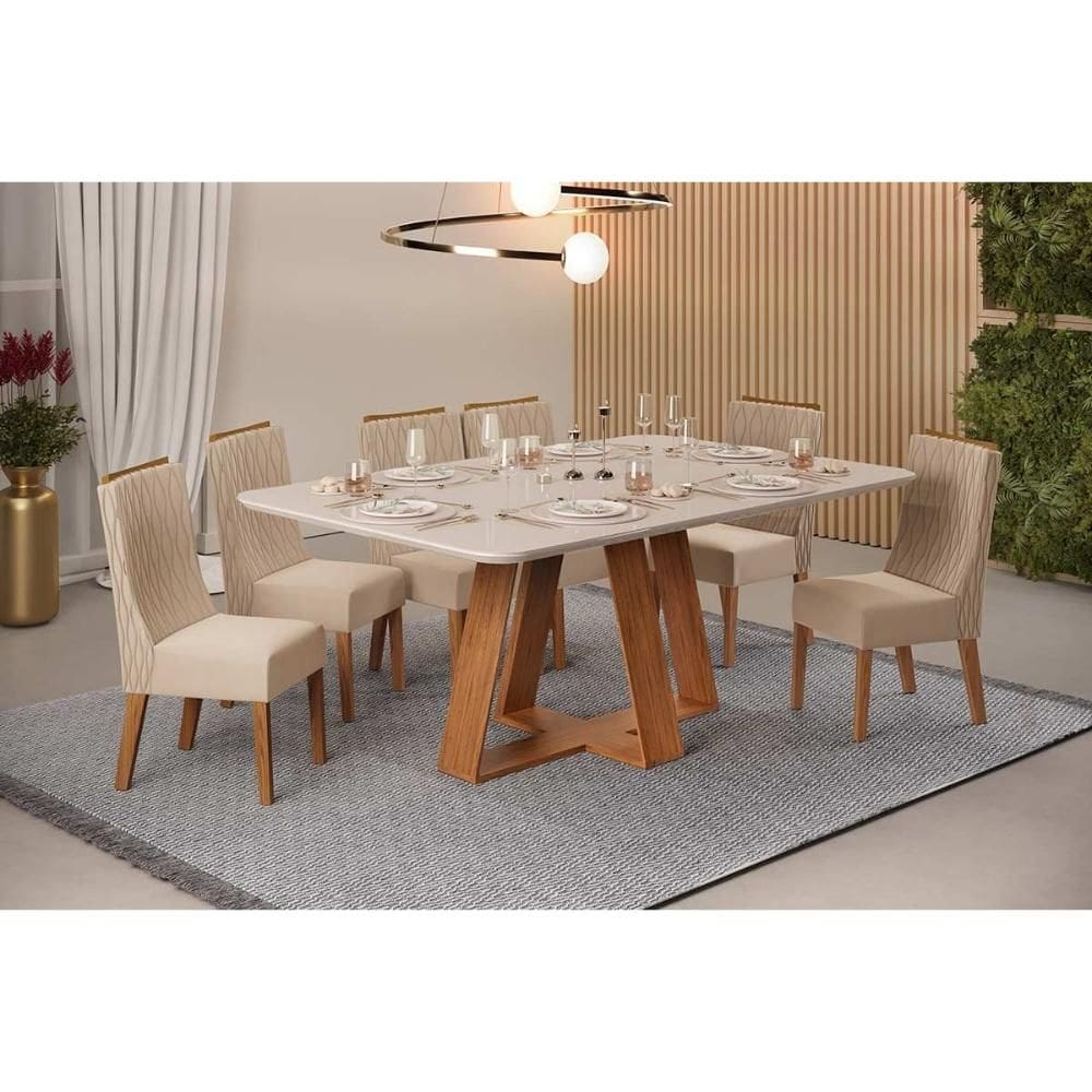 Conjunto: Mesa Sala Jantar Celeste c/ Tampo Madeirado c/ Vidro Retangular 160x90cm e 6 Cadeiras Jade Freijo/Off White - Suede Kraft - DJ Móveis