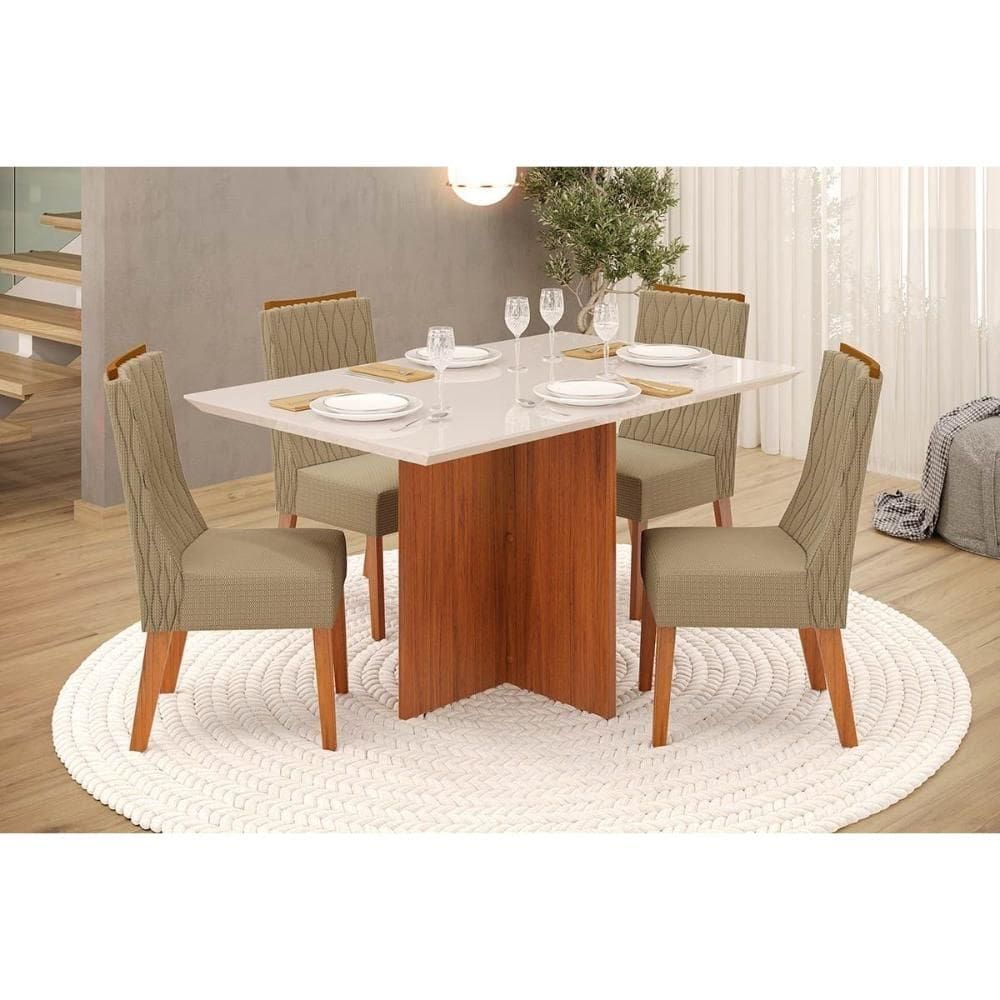 Conjunto: Mesa Sala Jantar Hera c/ Tampo Madeirado c/ Vidro Reto 120x90cm e 4 Cadeiras Jade Freijo/Off White - Linho Bege - DJ Móveis