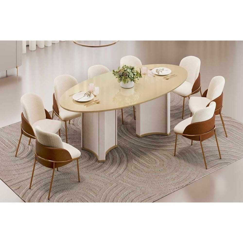 Conjunto: Mesa Sala Jantar Liz c/ Tampo Madeirado c/ Vidro Oval 218x108cm e 8 Cadeiras Vitta Off White/Dourado - Boucle Perola/Terracota - DJ Móveis
