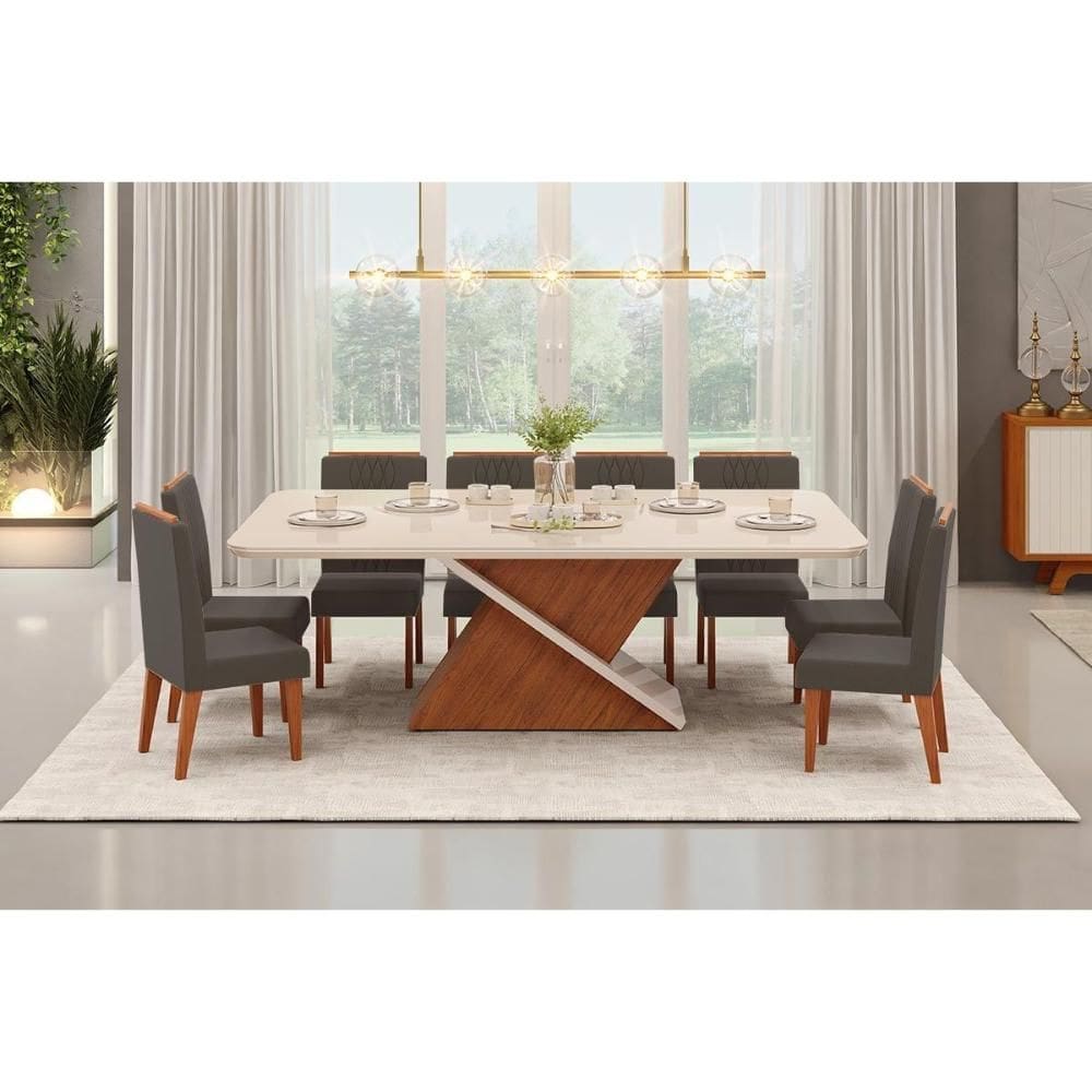 Conjunto: Mesa Sala Jantar Zafira c/ Tampo Madeirado c/ Vidro Curvo 200x100cm e 8 Cadeiras Lia Freijo/Off White - Suede Lunar - DJ Móveis