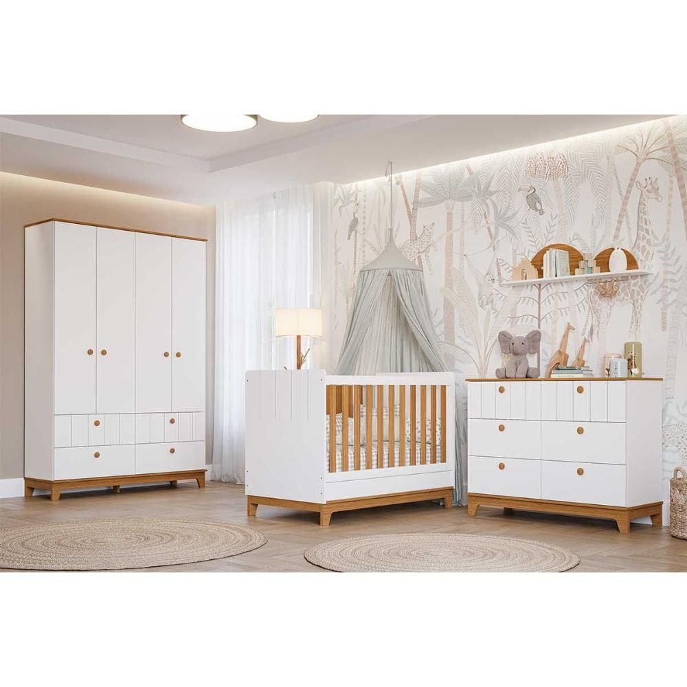Quarto de Bebê Completo Biscoito 3 Peças (Guarda Roupa+Berço+Cômoda) QI106 Branco/Nature - Permóbili Baby