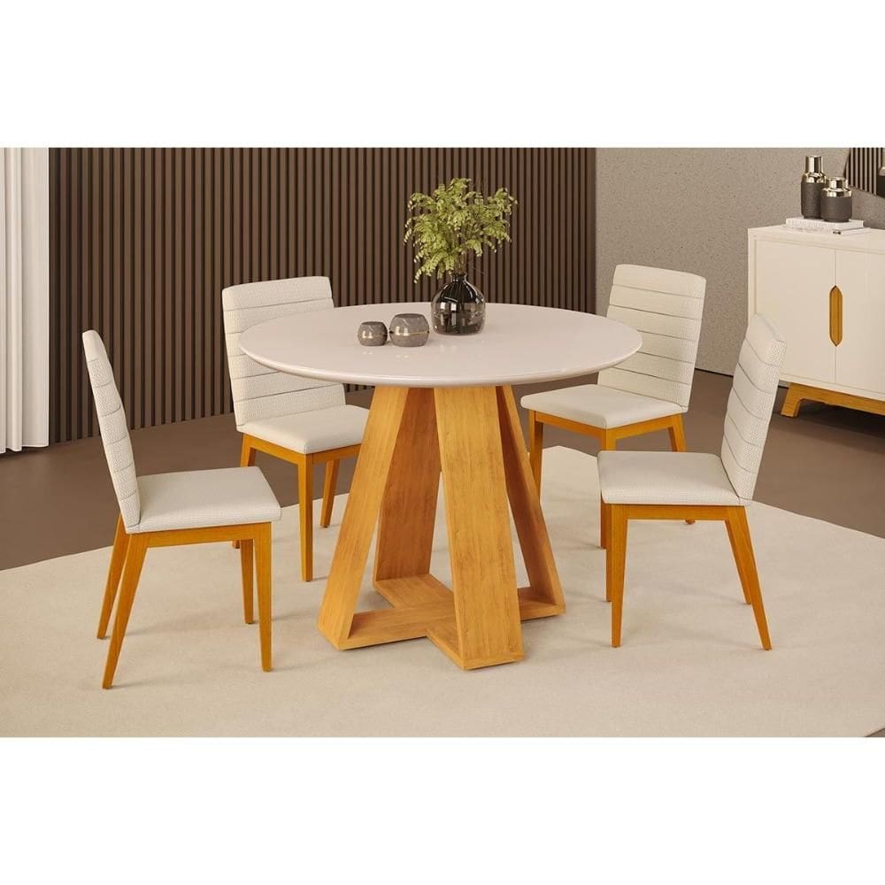 Conjunto: Mesa de Cozinha Celeste c/ Tampo Madeirado c/ Vidro Redondo 103x103cm e 4 Cadeiras Sofia Cedro/Off White - Ipe/Linho Neve - DJ Móveis