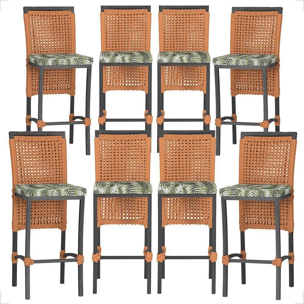 8 Banqueta Em Alumínio Roma Preta Corda Náutica Tecido 5 Terra Cota