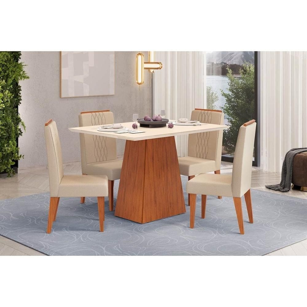 Conjunto: Mesa Sala Jantar Dulce c/ Tampo Madeirado c/ Vidro Reto 120x90cm e 4 Cadeiras Lia Freijo/Off White - Linho Neve - DJ Móveis
