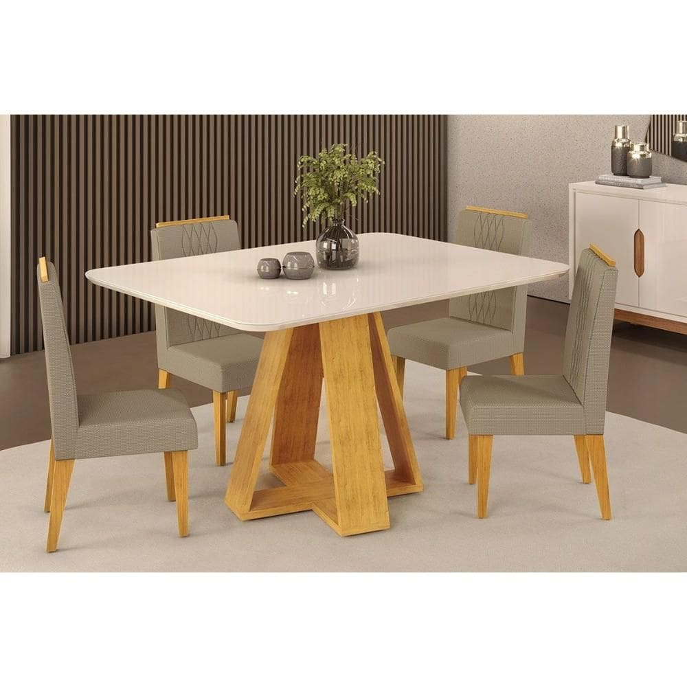 Cozinha Completa DJ Móveis Celeste c/ Tampo Madeirado c/ Vidro Curvo 120x90cm e 4 Cadeiras Lia Cedro/Off White - Linho Bege