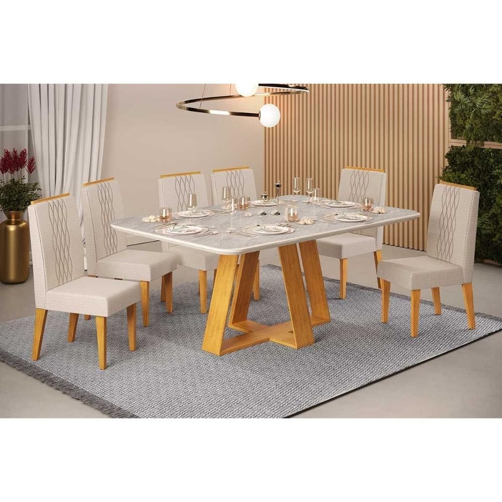 Conjunto: Mesa Sala Jantar Celeste c/ Tampo Madeirado Retangular 170x90cm e 6 Cadeiras Lia Cedro/Quartzo - Linho Neve - DJ Móveis