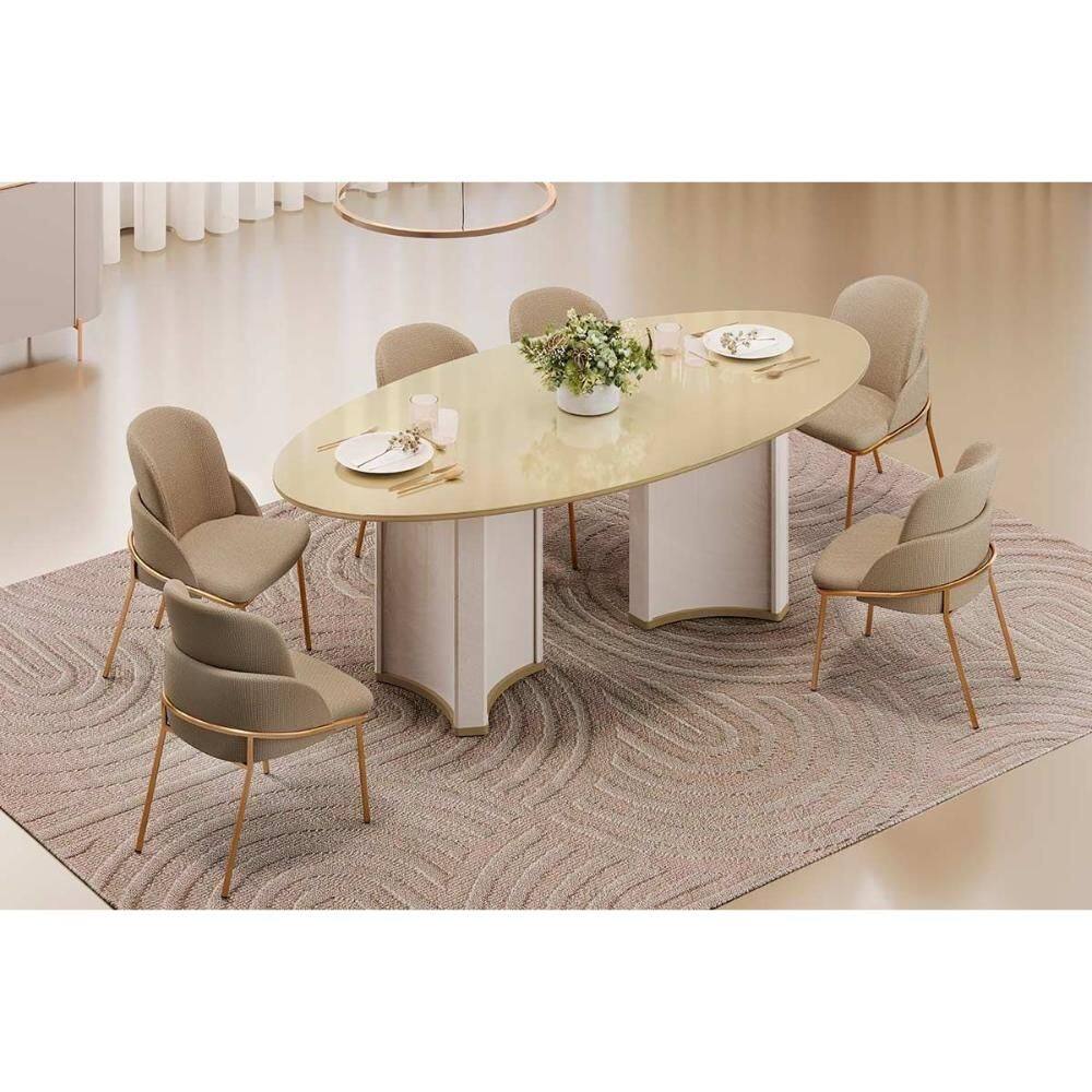 Conjunto: Mesa Sala Jantar Liz c/ Tampo Madeirado c/ Vidro Oval 218x108cm e 6 Cadeiras Vitta Off White/Dourado - Linho Bege - DJ Móveis