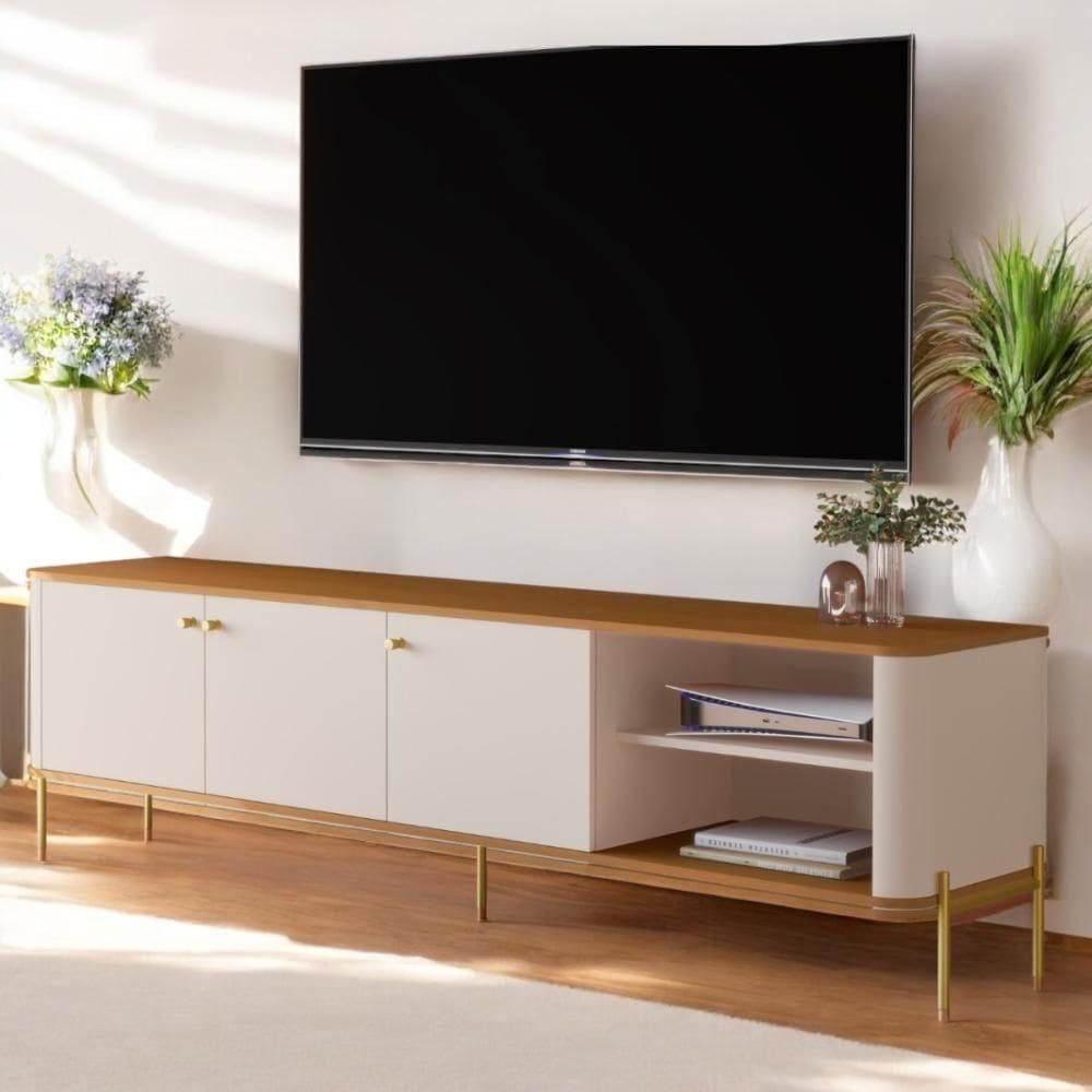 Rack Para Sala Tv Até 70 Polegadas Moderno 3 Portas - Off White Nature Dourado