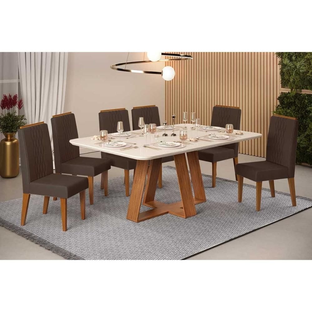 Conjunto: Mesa Sala Jantar Celeste c/ Tampo Madeirado c/ Vidro Curvo 160x90cm e 6 Cadeiras Lia Freijo/Off White - Suede Moca - DJ Móveis