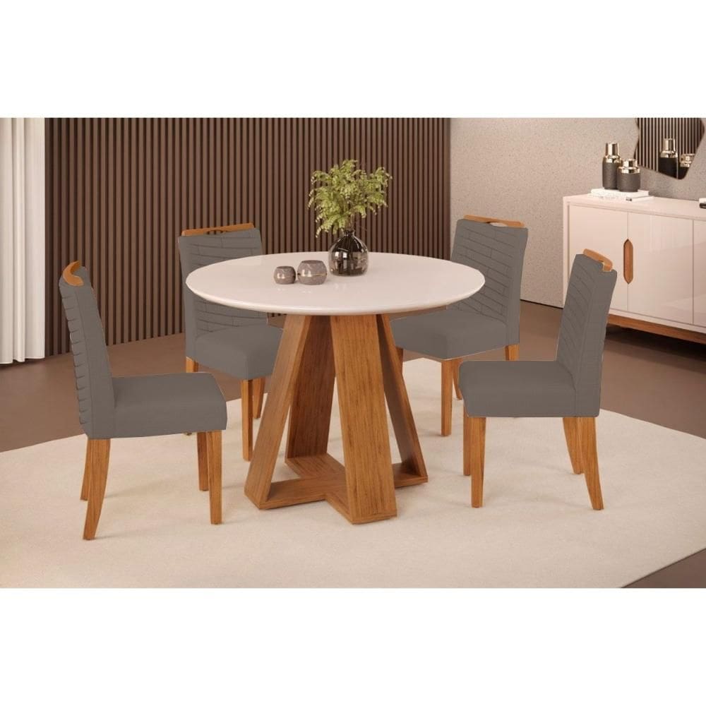 Cozinha Completa DJ Móveis Celeste c/ Tampo Madeirado c/ Vidro Redondo 103x103cm e 4 Cadeiras Lia Freijo/Off White - Suede Lunar