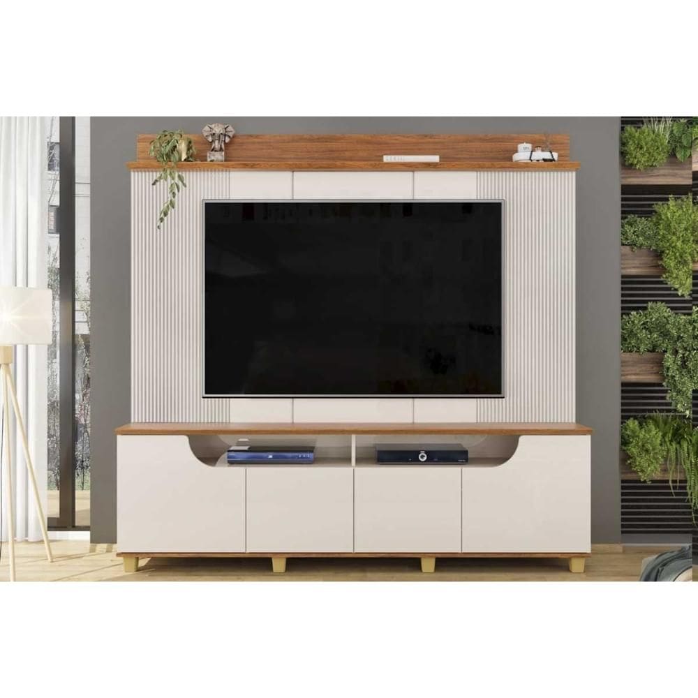 Rack Bancada c/ Painel p/ TV até 75 Pol Gama 4 Porta 199x188cm Off White/Freijó - DJ Móveis