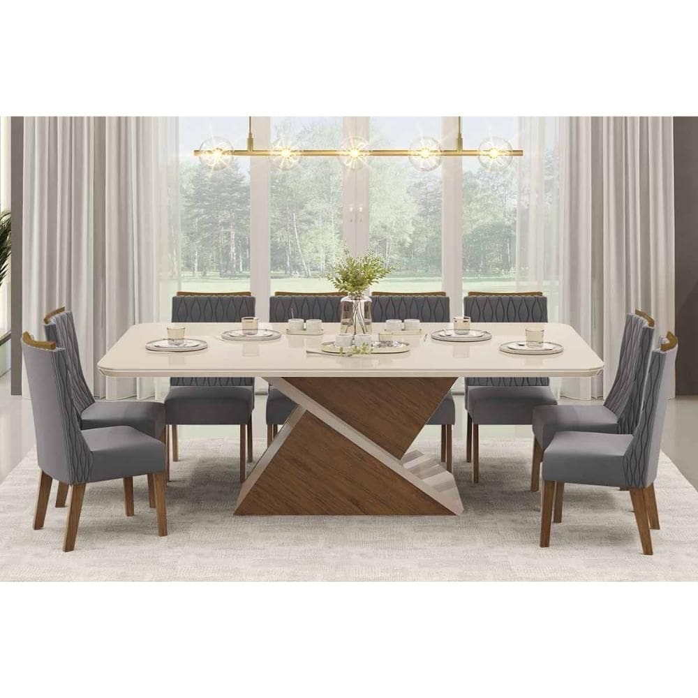 Conjunto: Mesa Sala Jantar Zafira c/ Tampo Madeirado c/ Vidro 200x100cm e 8 Cadeiras Jade Freijo/Off White - Suede Lunar - DJ Móveis