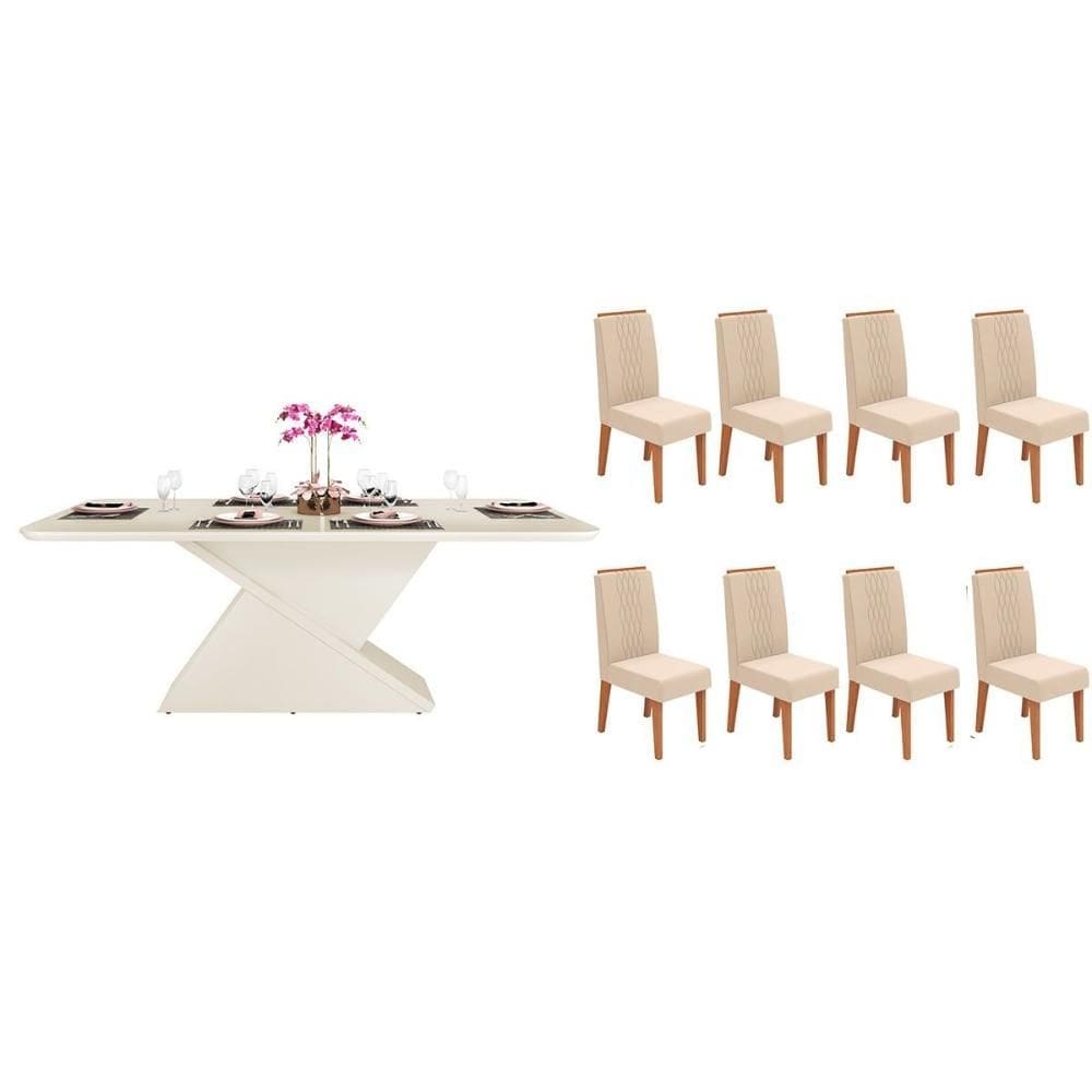 Conjunto: Mesa Sala Jantar Zafira c/ Tampo Madeirado c/ Vidro Curvo 200x100cm e 8 Cadeiras Lia Off White - Freijo/Linho Neve - DJ Móveis