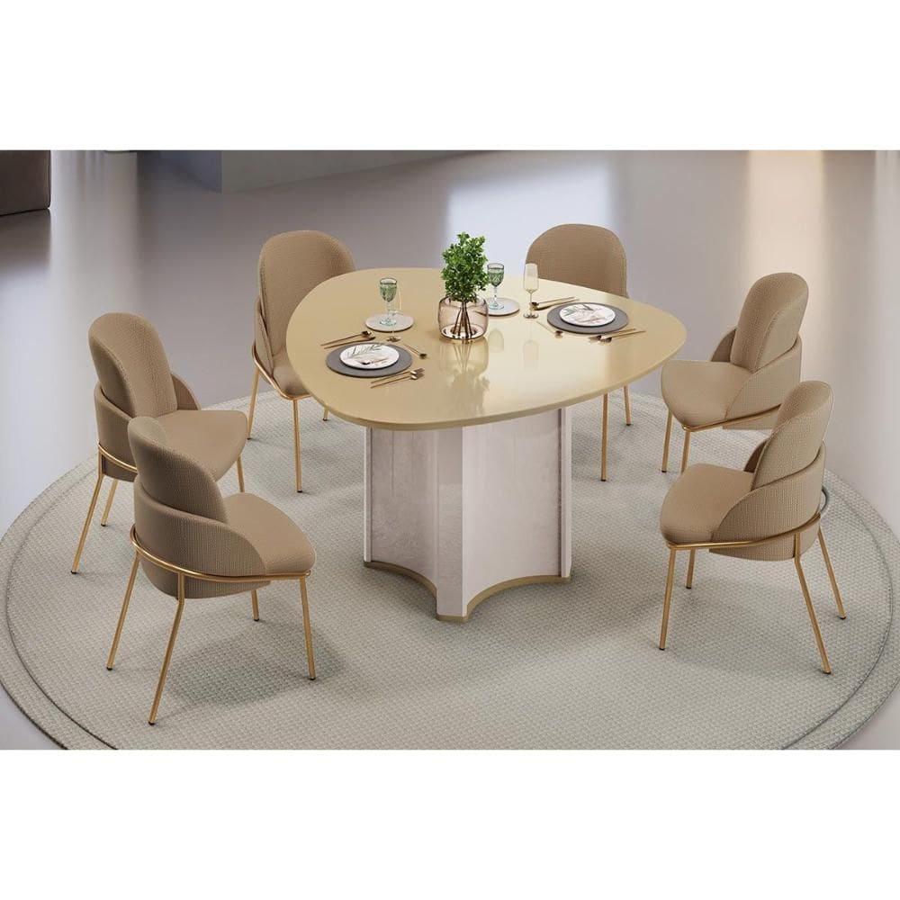 Sala de Jantar Completa Chanel c/ Tampo Madeirado c/ Vidro Orgânico 136x136cm e 6 Cadeiras Vitta Off White/Dourado - Linho Bege - DJ Móveis