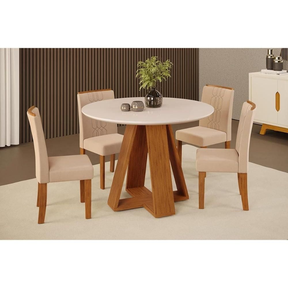 Conjunto: Mesa de Cozinha Celeste c/ Tampo Madeirado c/ Vidro Redondo 103x103cm e 4 Cadeiras Zoe Freijo/Off White - Suede Creme - DJ Móveis