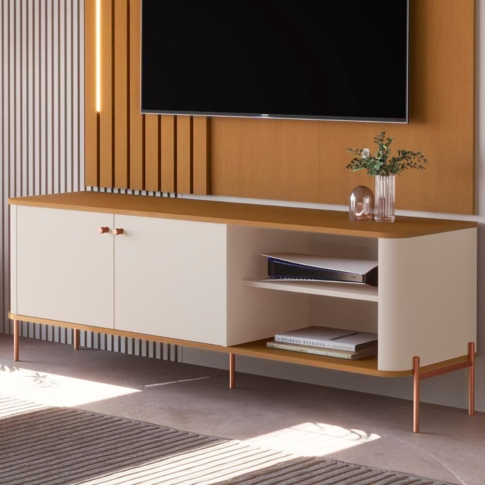 Rack Para Sala Tv Até 58 Polegadas Moderno 2 Portas - Off White Nature Bronze