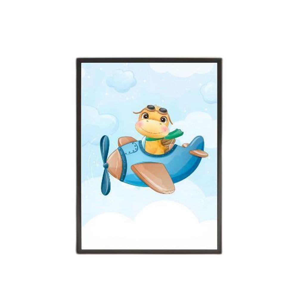 Quadro Dinossaurinho Fofo Avião 24X18Cm Preto