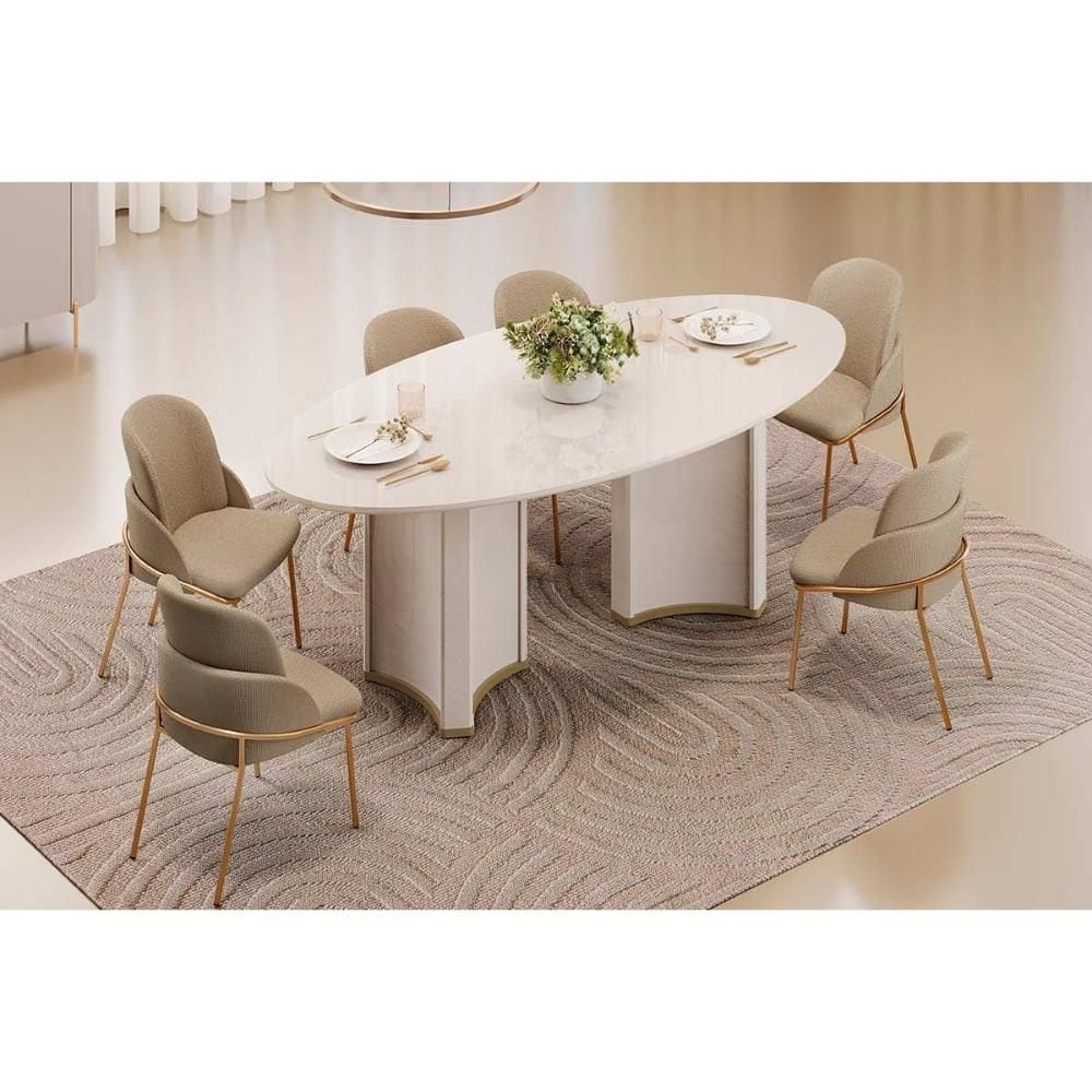 Conjunto: Mesa Sala Jantar Liz c/ Tampo Madeirado c/ Vidro Oval 218x108cm e 6 Cadeiras Vitta Off White - Linho Bege - DJ Móveis