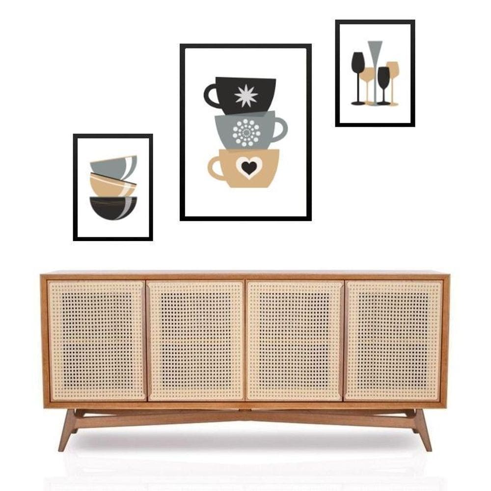 Set 3 Quadros Cozinha Marrom Preto Cinza - Com Vidro