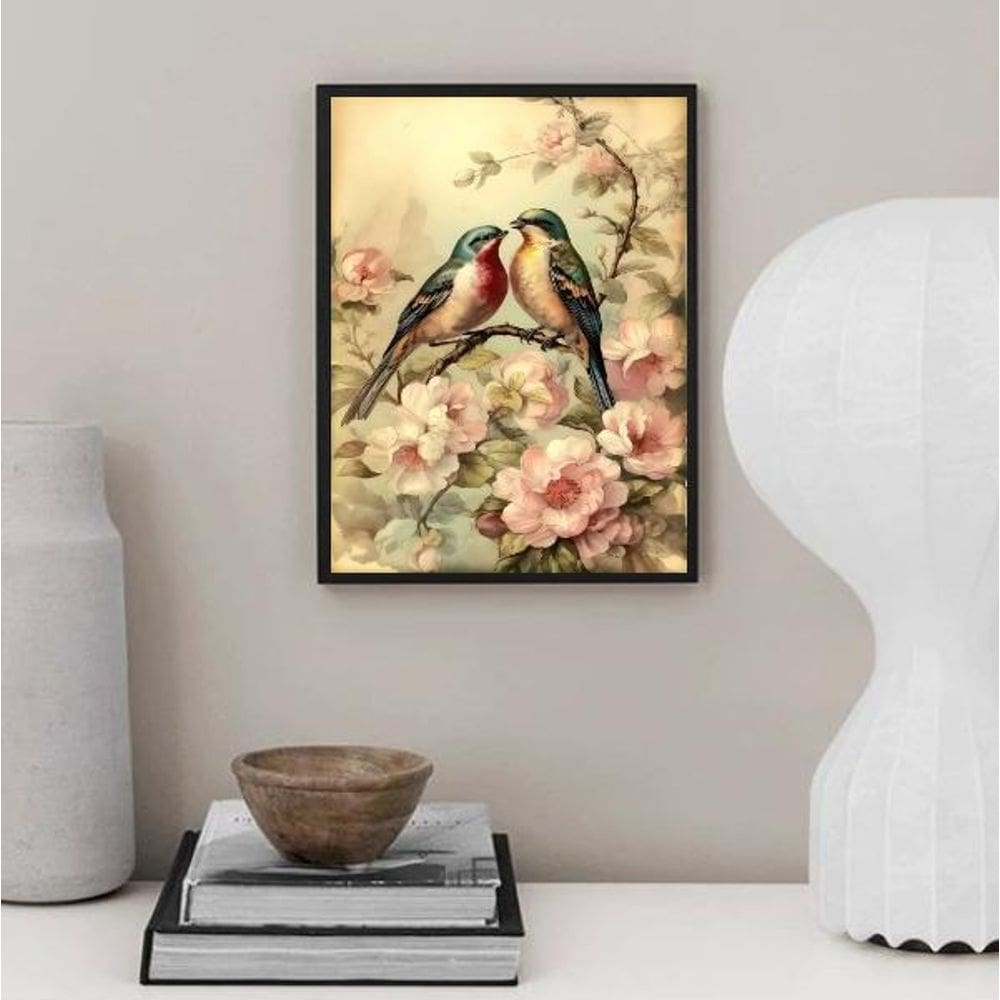 Quadro Arte Desenho Casal De Passarinhos 45X34Cm - Com Vidro
