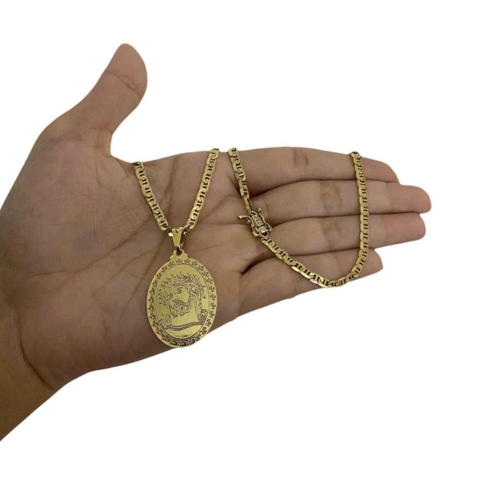 Cordão Piastrine 3Mm + Pingente Jesus - Banhado A Ouro