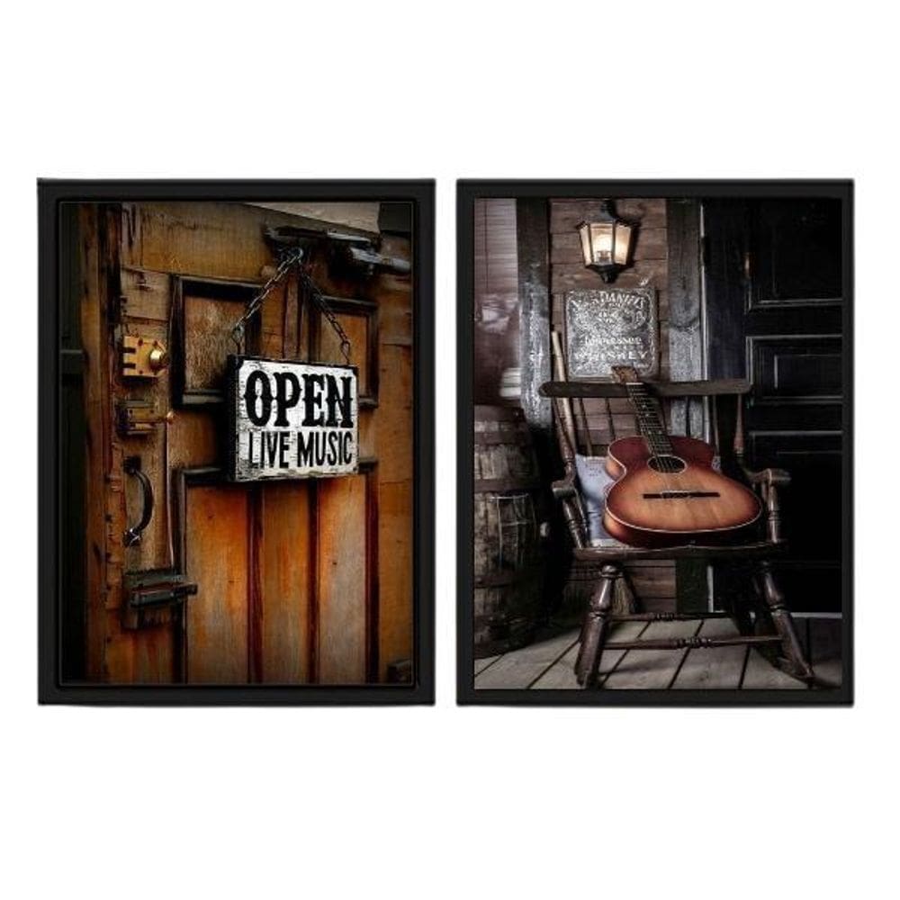 Kit 2 Quadros Live Music Violão Vintage 24X18Cm Vidro Preta