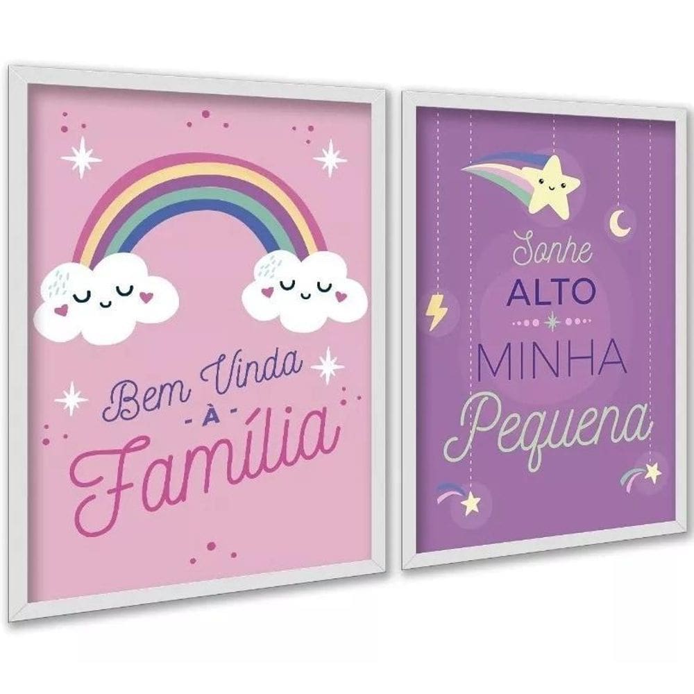 Kit 2 Quadros Bebê Menina - Lilás E Rosa 45X34Cm