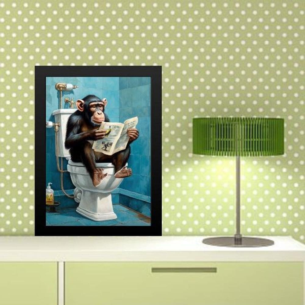 Quadro Divertido Banheiro Chipanzé Jornal 45X34Cm - Vidro