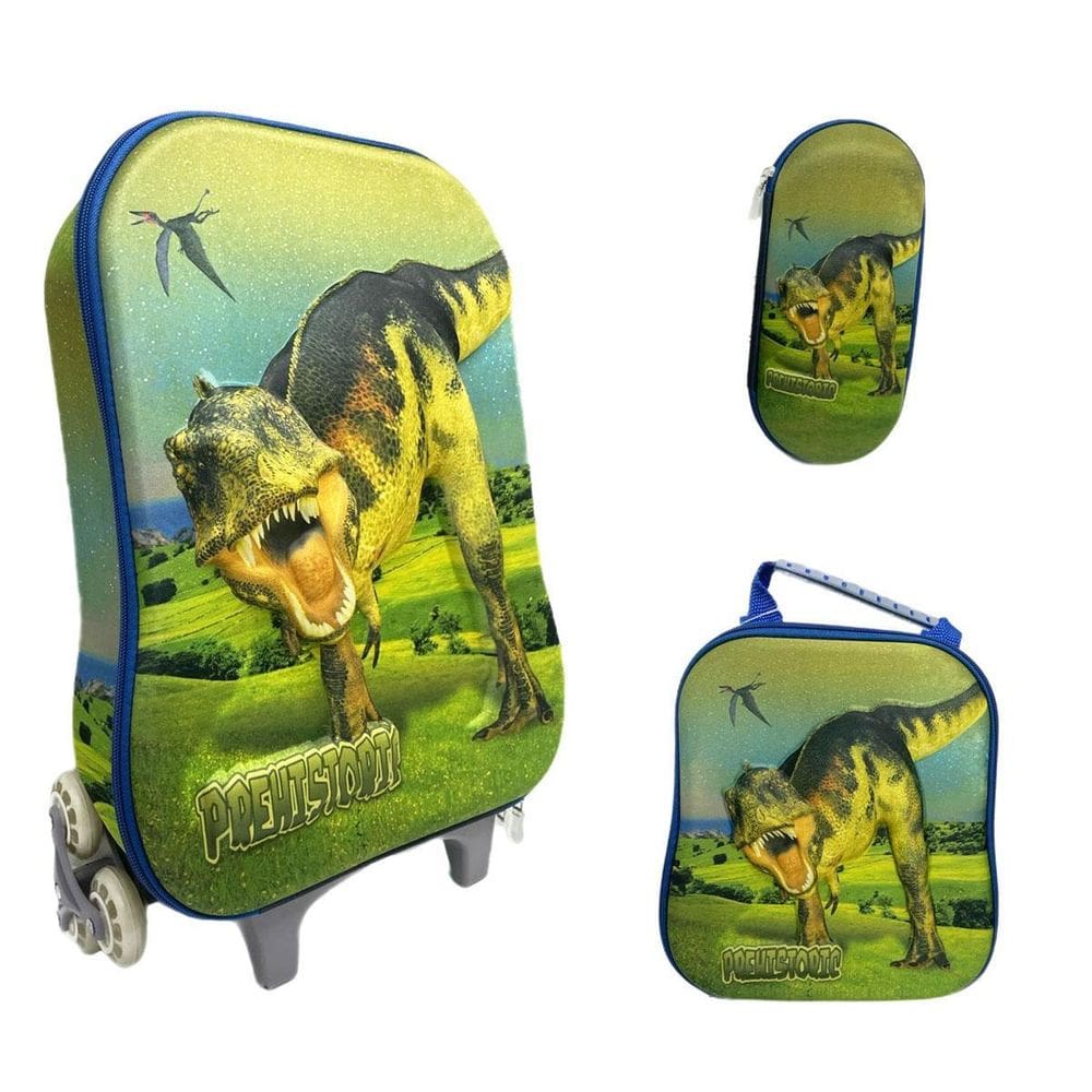 Kit Mochila Com Rodinhas E Lancheira + Estojo Prehistoric