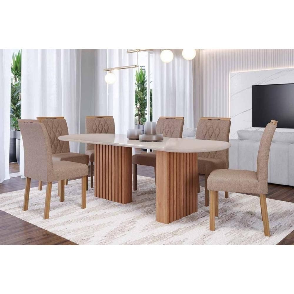 Conjunto: Mesa Sala Jantar Ester Tampo Madeirado Oval c/ Vidro 210x100cm e 6 Cadeiras Juliana Cinamomo/Off White - Carvalho/Linho Bege Cimol
