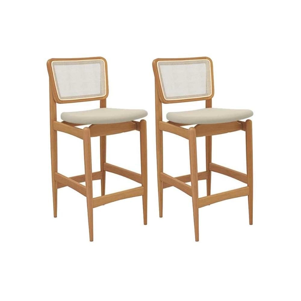 Banqueta Cozinha Liz 1BMM009CA Premium Madeira Maciça Kit 2 Un Carvalho/Linho Bege Argila/Tela Bege - Kappesberg