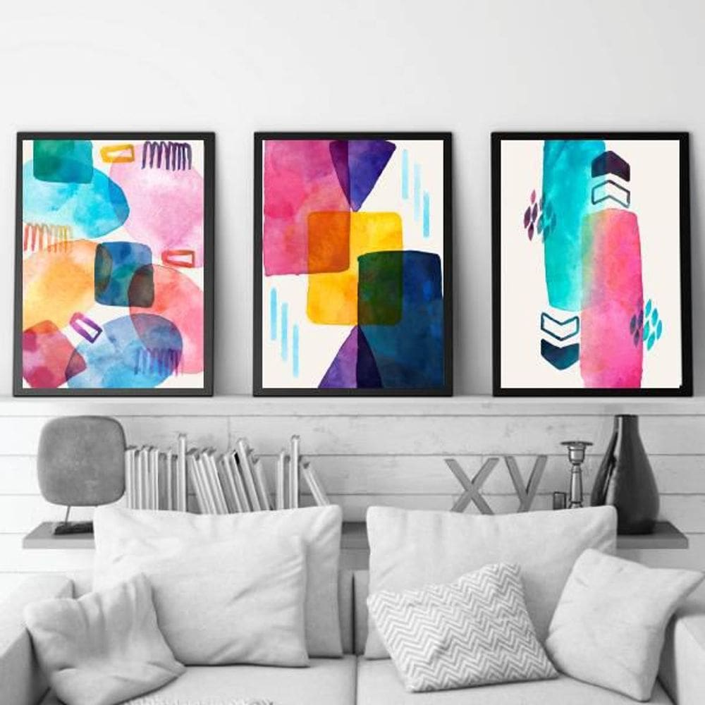 Kit 3 Quadro Decorativo Abstrato Multicoloridos 34x23Cm