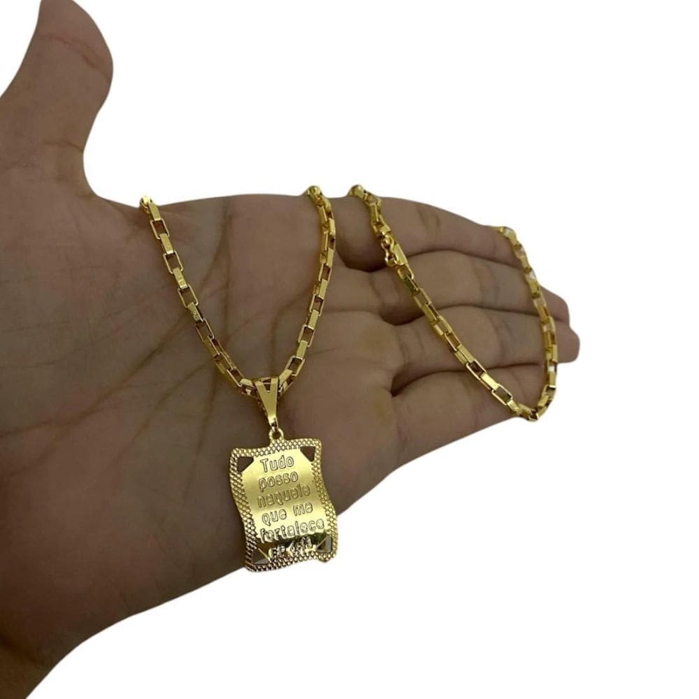 Cordão Tijolinho 3Mm + Pingente Tudo Posso - Banhado A Ouro